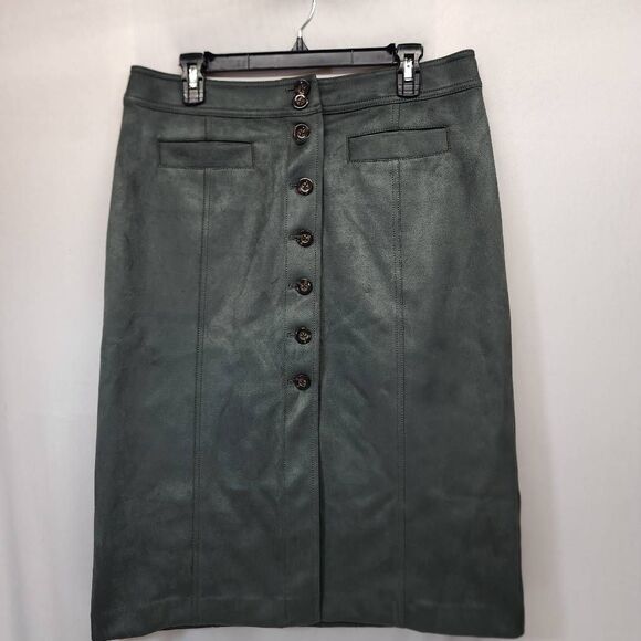 Ann Taylor Size 10 Faux Suede Button Front Skirt Green Midi Pencil Style Career - Picture 1 of 6